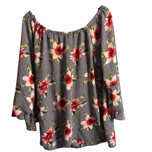 Monteau Women’s Size 3X Off Shoulder Floral Stripe Blouse Black White Red Plus - Picture 2 of 11